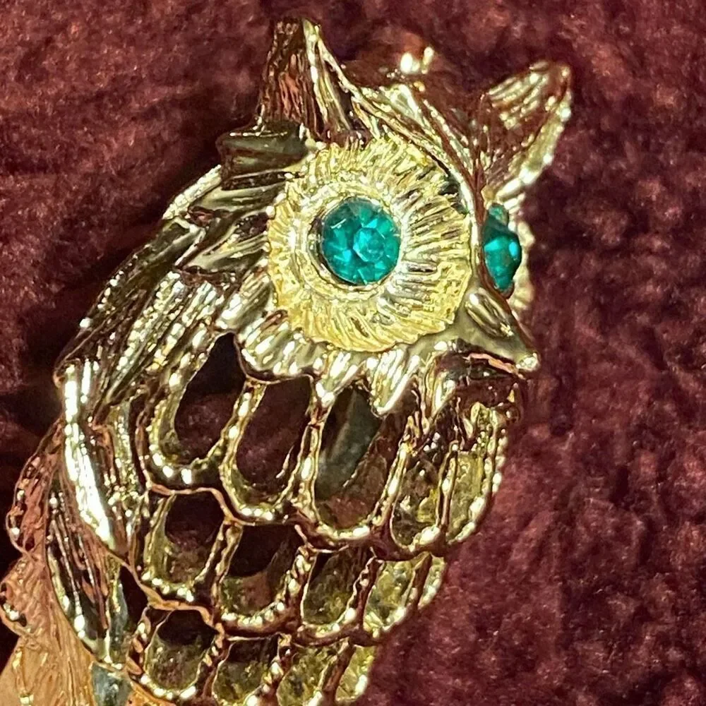 Goldtone Owl Brooch Pin Rhinestone Eyes